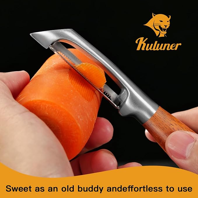 Serrated Blade Premium I Type 304 Stainless Steel Multifunctional Kitchen Peeler Real Wood Handle Ultra Sharp Blade Vegetable Potato Apple(Boluoge)