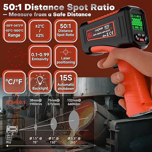 '-58℉~3272℉ Infrared Thermometer IR Gun, High-Temp Digital Temperature Gun, 50:1 Non-Contact Pyrometer for Kiln, Forge, Furnace, Engine, HVAC & Industrial Applications