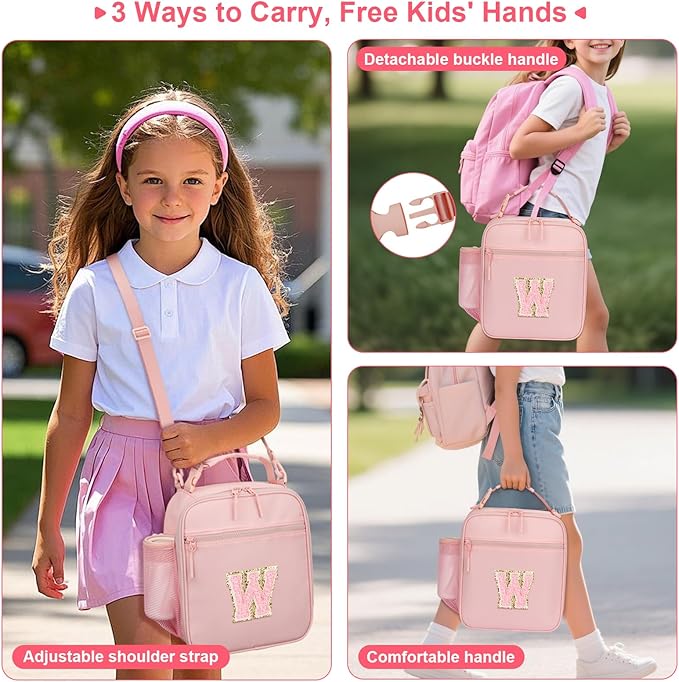 Initial Insulated Lunch Bag for Girls Kids, Back to School Gift, Reusable Leak-proof Lunch Box with Adjustable Strap for School Daycare Travel Picnic (Pink,W)