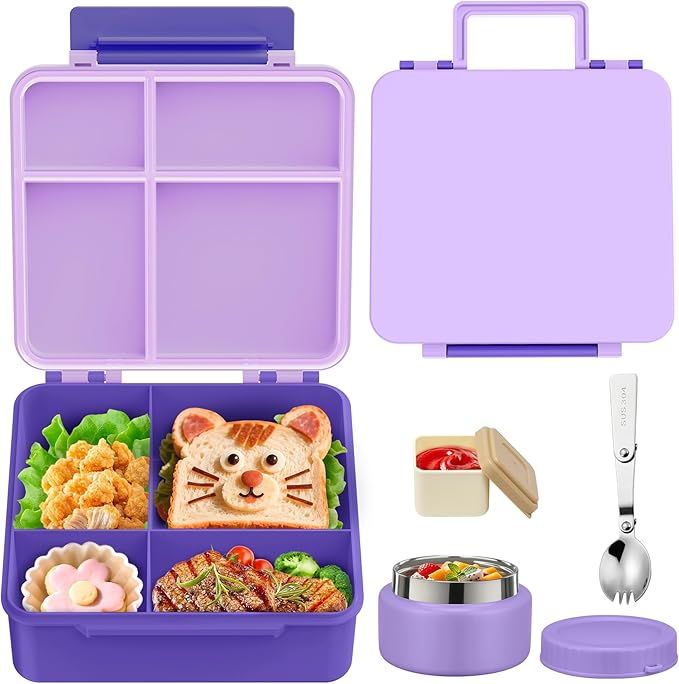 Bento Lunch Box for Kids with 9oz Soup Thermo Leak-Proof Lunch Food Container with 5 Compartment Thermo Hot Food Jar and Insulated Lunch Bag for Kid Toddler Girls Boys to School(Purple)