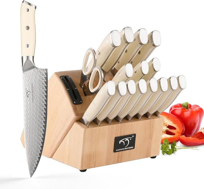 NANFANG BROTHERS Knife Set, 19-Piece Damascus Kitchen Knife Set with Block, ABS Ergonomic Handle for Chef Knife Set, Knife Sharpener and Kitchen Shears, Knife Block Set