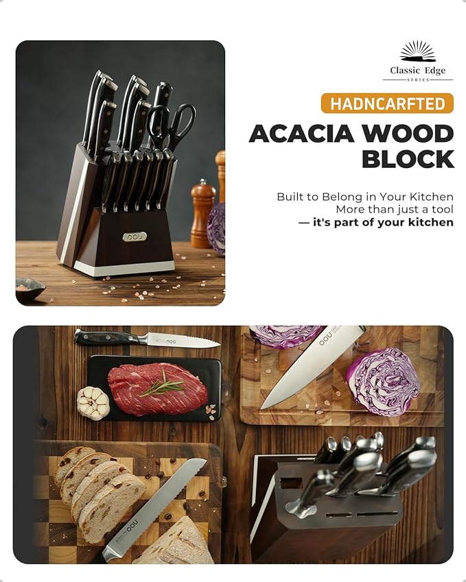 OOU 2025 Kitchen Knife Set with Block, 15-Piece German Stainless Steel Knife Blcok Set with Sharpening Rod, Ergonomic Wood Handle,Premium Razor-Sharp Knives Set for Kitchen