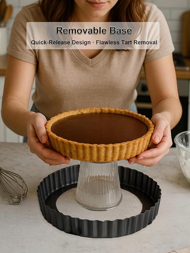 9.5*2.2 Inch Deep Tart Pan w/ Pie Cake Server. Removable Bottom, Non-Stick Coating, Rugged Carbon Steel for Tart Quiche Baking. Gift for Women Wife Christmas Thanksgiving Party Festival Family