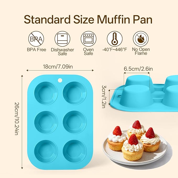 2 Pack Silicone Muffin Pan for Baking, Regular Size Nonstick Cupcake Pan, 6-Cup Silicone Muffin Tin BPA Free Dishwasher Safe, Great for Muffin Cupcake Brownie Egg Tart