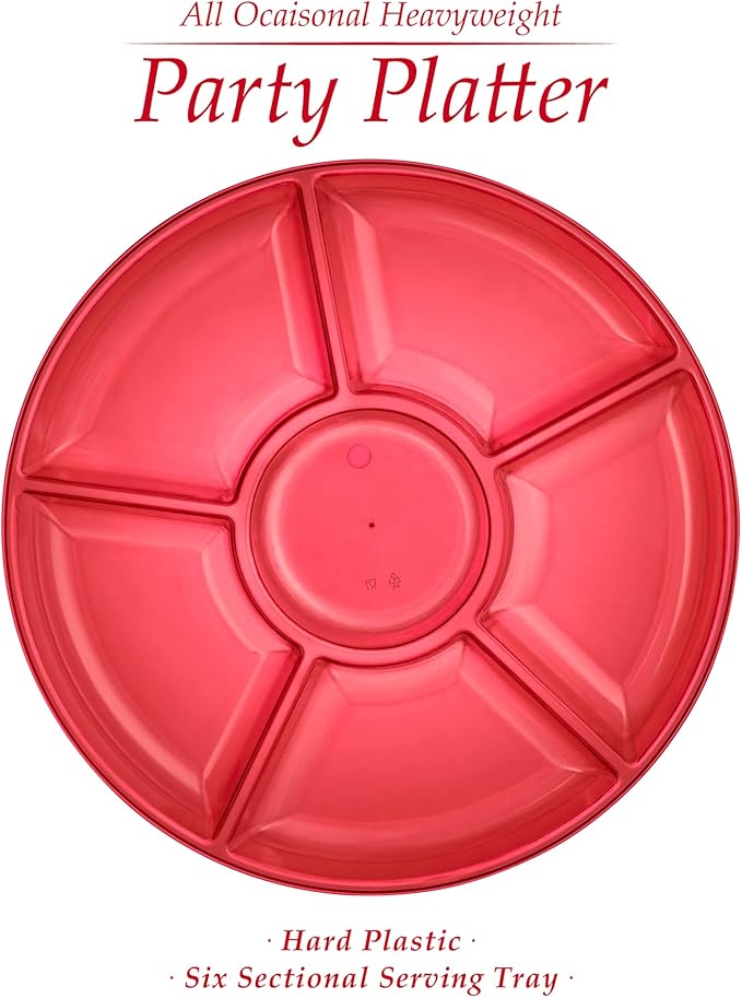 Plasticpro 6 Sectional Round Plastic Serving Tray/Platter (2, Red)