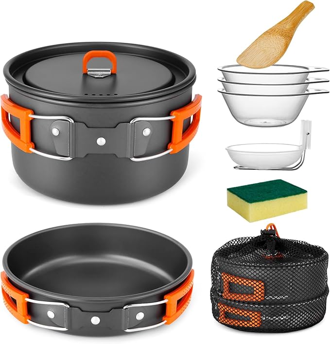 Odoland 9pcs Camping Cookware Non-Stick Lightweight Pots and Pans Set with Plastic Bowls Soup Spoon for Backpacking, Outdoor Cooking and Picnic