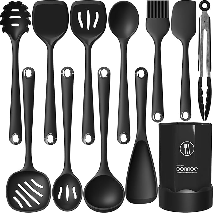 Thickened Silicone Kitchen Utensils Set, 600°F Heat Resistant Silicone Cooking Utensils, Spatula, Spoon, Whisk, Tongs, Kitchen Gadgets Sets for Nonstick Cookware, Dishwasher Safe BPA Free (Black)