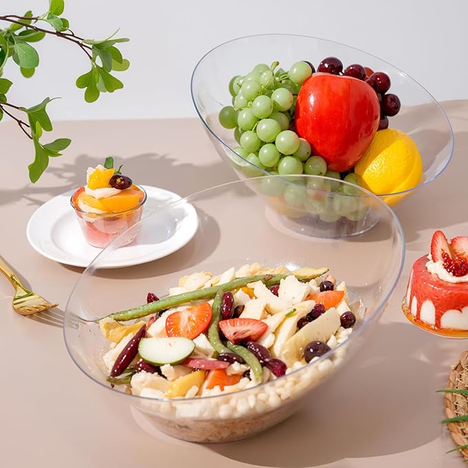 bUCLA 54 OZ Clear Plastic Serving Bowls (12 Pack) - Angled Serving Bowls Disposable for Chip&Candy - Party Table Salad and Fruit