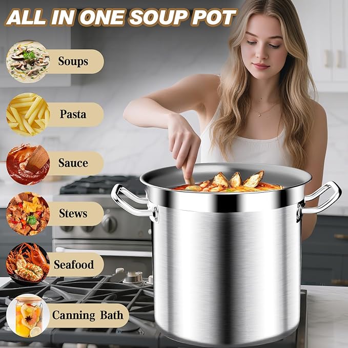 Large Stock Pot - 20Qt Brushed Stainless Steel Stock Pot With Lid - Heavy Duty Induction Commercial Grade Stockpots for Soup, Stew, Oven, Gas, Ceramic, and Dishwasher Safe