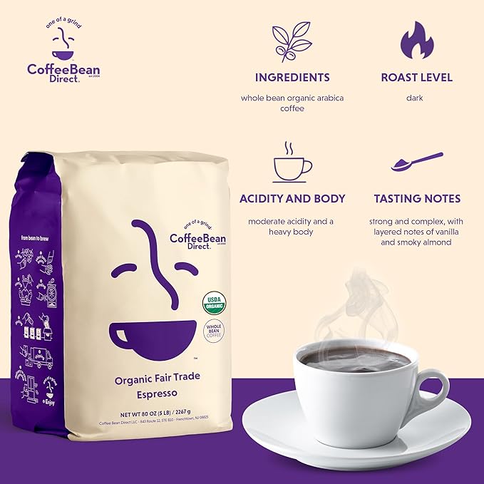 Coffee Bean Direct Organic Fair Trade Espresso, Whole Bean Coffee, Dark Roast, 5 Pound Bag (Pack of 1)