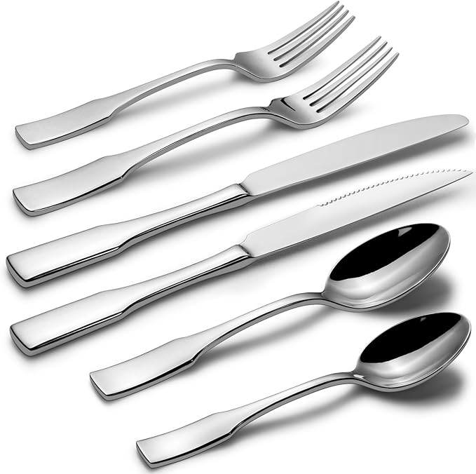 Alata Kate 48-Piece Silverware Set with steak knife Service for 8, Stainless Steel Flatware Set, Mirror Polished Cutlery Set Dishwasher Safe