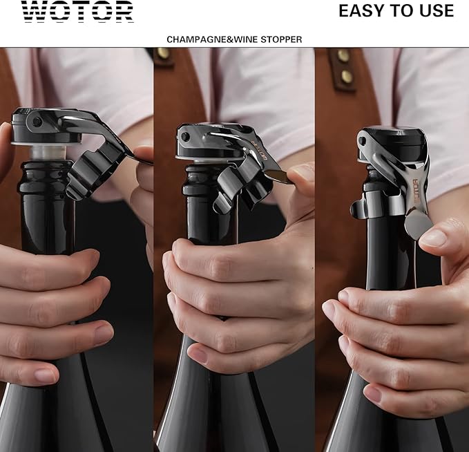 WOTOR Champagne&Wine Bottle Stoppers Stainless Steel with Food Grade Silicone, Leak Proof Keep Fresh Reusable Saver, Cork Suitable for Wine, Champagne, Cava, Prosecco and Sparkling (12 Pack Black）