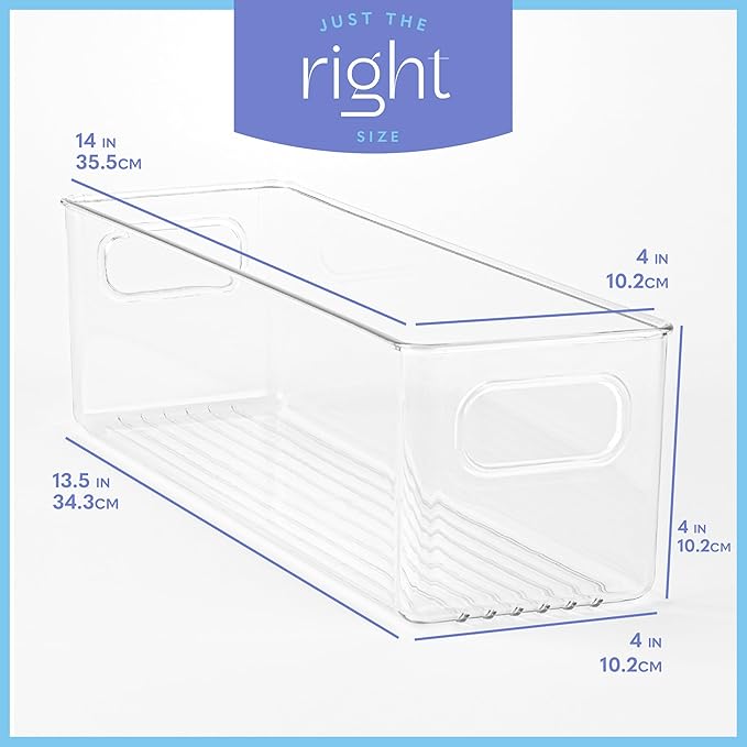 Plastic Food Storage 2 Pack Clear Container Bin with Handles for Organizing Kitchen, Pantry, Refrigerator, Freezer, Pantry, Cabinet, Closet, Bathroom. 14”X4”x4”
