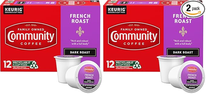Community Coffee French Roast 12 Count Coffee Pods, Extra Dark Roast, Compatible with Keurig 2.0 K-Cup Brewers, 12 Count (Pack of 2)