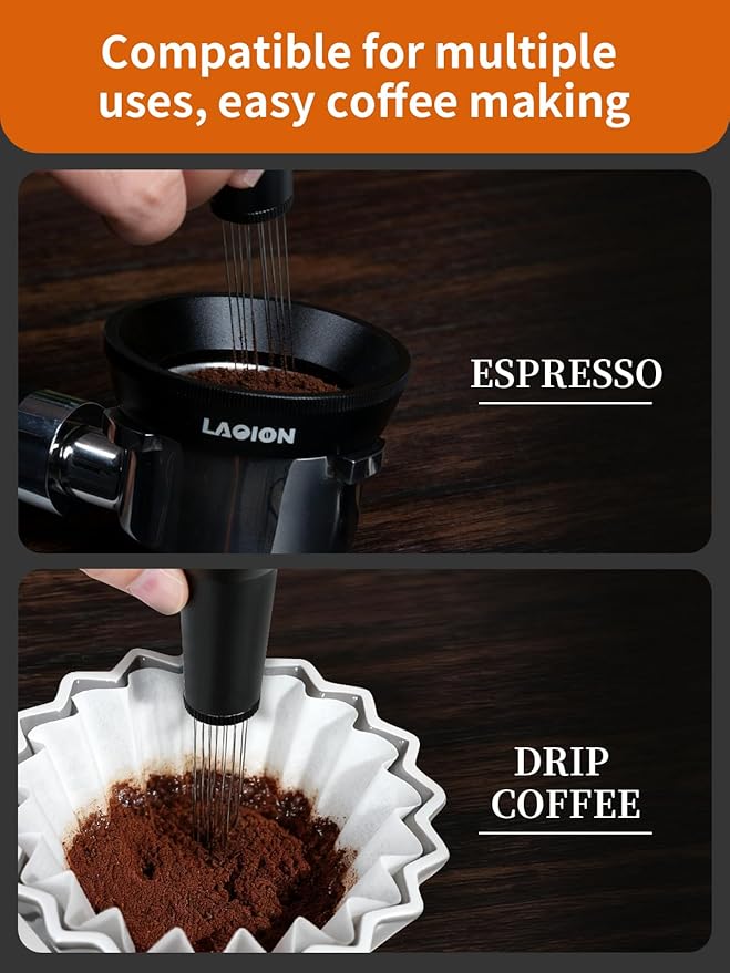 WDT Tool Espresso Distribution Tool with 10 x 0.25mm Stainless Steel Needles, Espresso Machine Accessories with 10 Extra 0.4mm Needles, Aluminum Alloy Handle Stand with Hide Brush for Barista
