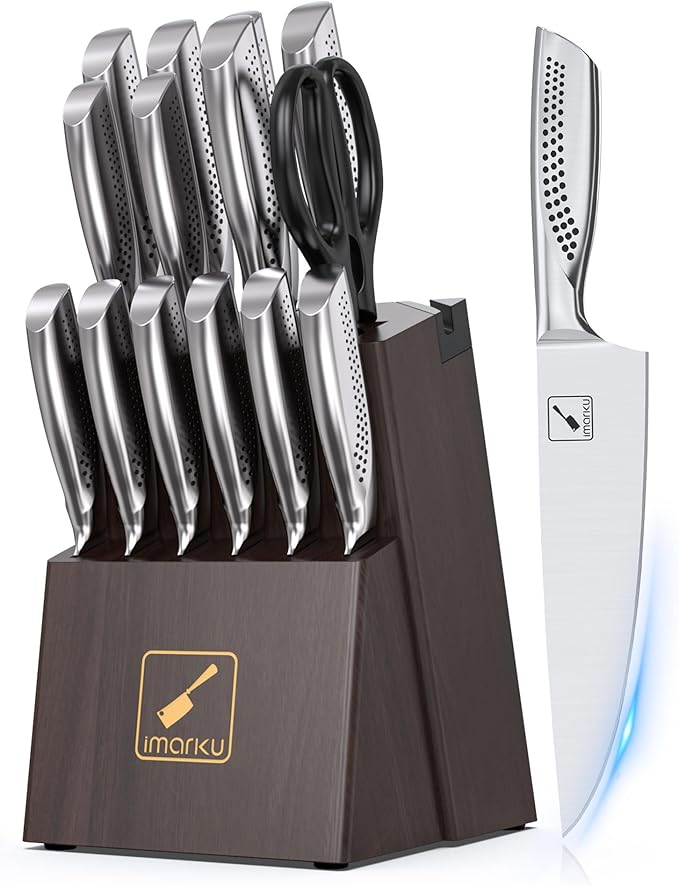 imarku® Knife Set, 15-Pieces HC Stainless Steel Kitchen Knife Set With Built in Knife Sharpener, Razor-Sharp Blade Knife Block Set With Non-Slip Handle, Dishwasher Safe, Best Birthday Gifts