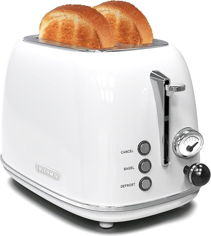Toaster 2 slice,Retro Stainless Steel Toaster with 6 Settings, 1.5 In Extra Wide Slots, Bagel/Defrost/Cancel Function, Removable Crumb Tray (White)