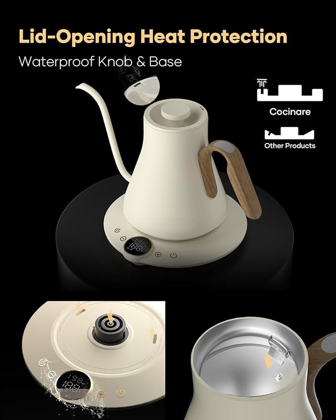 Cocinare FLOW B9 Gooseneck Electric Kettle, Precise Temperature Control for Pour-Over Coffee & Tea Brewing, Stainless Steel Interior, Rapid Heating for Boiling Water 1500W/0.9L (Morandi White)
