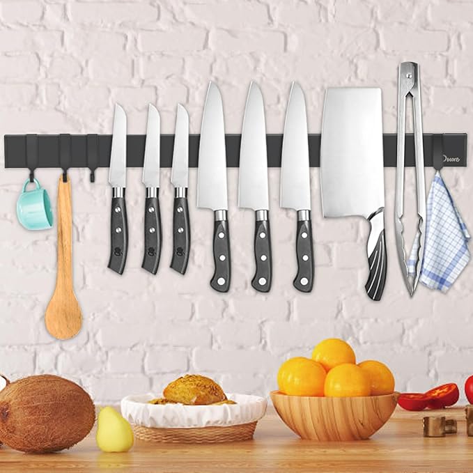 Dmore magnetic knife holder for wall—with 4 hooks, No Drilling 23 Inch black knife magnetic strip, Powerful knife magnet rack, include Adhesive Tape and screws for Knives, Utensils, and Tools