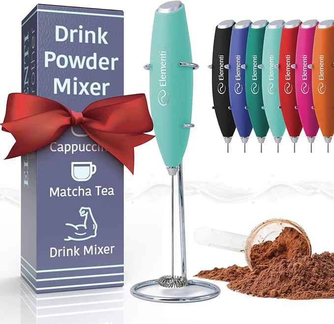 Elementi Drink Mixer Handheld - Electric Drink Stirrer for Powder Drinks - Protein Powder Mixer Wand & Frother - Hand Frother with Stand (Mint Green)