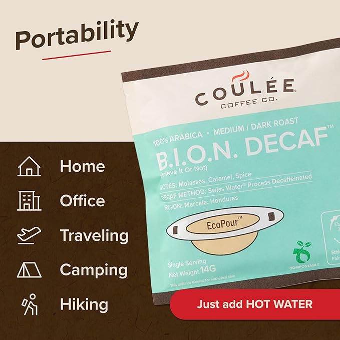 Coulée EcoPour B.I.O.N. Coffee, All Paper Single Serve Pour Over Decaffeinated Coffee, for Camping or Traveling, Pre Filled Compostable Filters, Ready to Brew with Hot Water, Plastic Free, 10 Pack