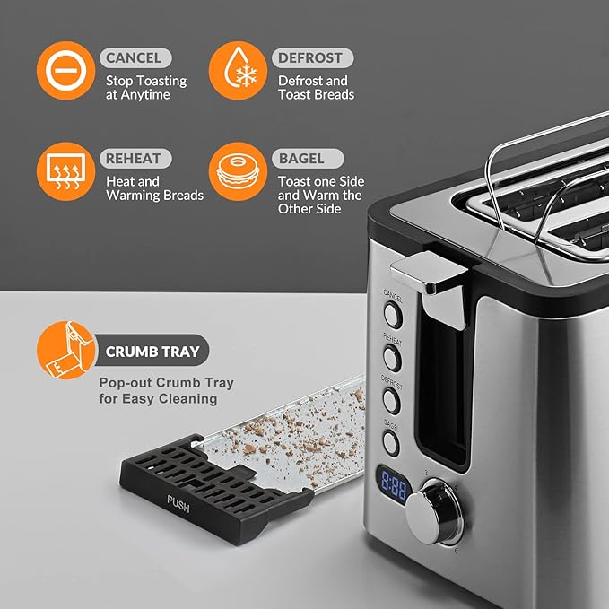 Mecity Toaster 2 Slice Stainless Steel Body, Timer, Bagel, Defrost, Reheat, Cancel Functions, Warming Rack, Removable Tray, 6 Browning Settings, Extra Wide Slots, Bread Toaster 800W