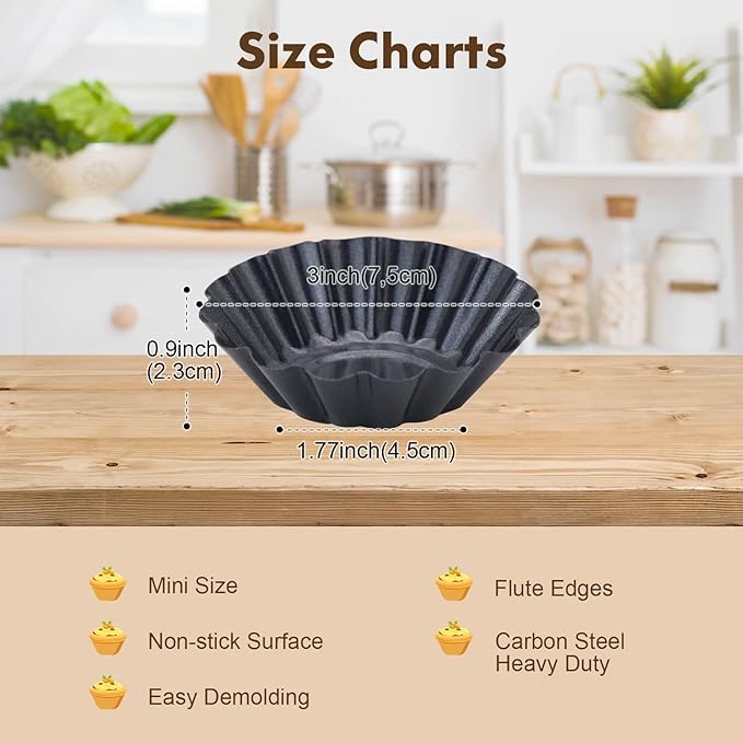 Egg Tart Molds, 12 PCS Non-Stick Very Mini Tart Pans, Mini Tart Mold 3 InchTop, 1.7 Inch Bottom, 0.9Inch High, Carbon Steel, Kitchen Reusable Baking Tools.