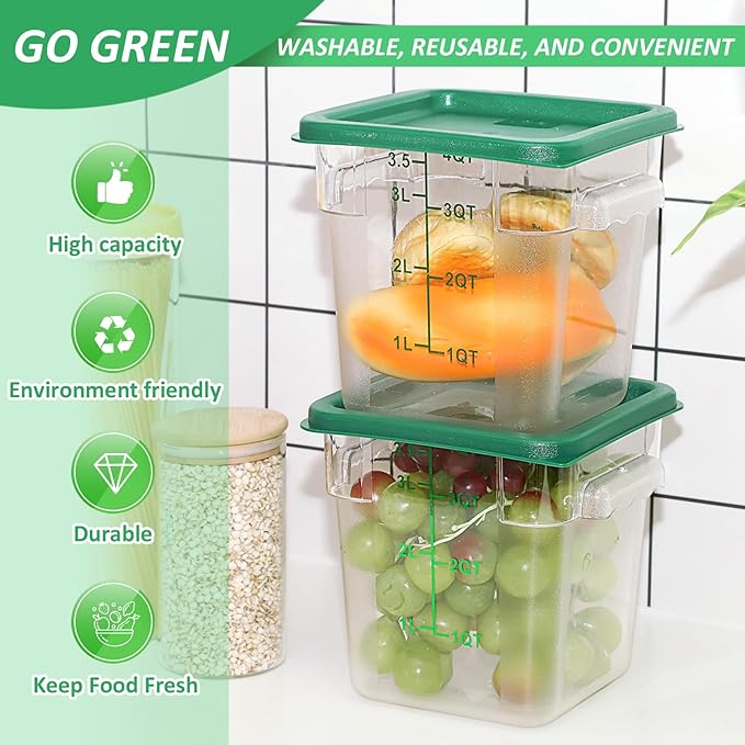Yungyan 12 Pcs 4 Qt Commercial Food Storage Containers with Lids Restaurant Square Airtight Food Storage Containers Clear Cereal Containers for Kitchen Freezer Dishwasher Pantry(Green Lid)