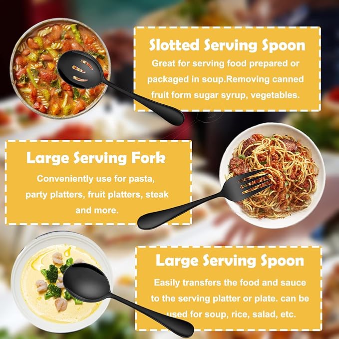 6 PCS Stainless Steel Serving Utensils, Large Serving Spoons Slotted Spoons, Forks, Ice Suger Tongs, Cake Server, Soup Ladle, Metal Utensils Set Great for Buffet Catering Banquet Party, Black