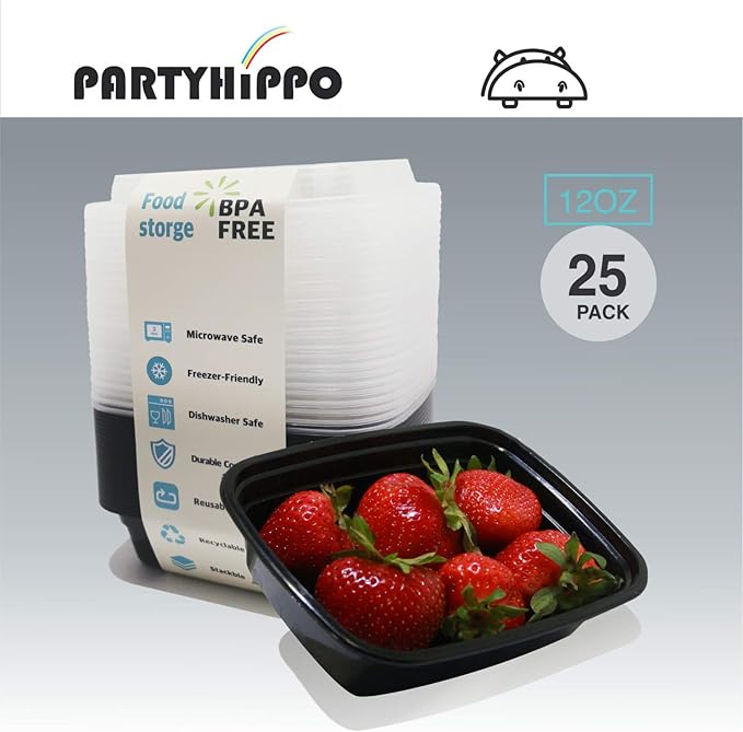 PARTYHIPPO Small Meal Prep Containers Single Lids, 12 OZ [25-Pack] Food Storage Bento BPA Free | Stackable | Reusable Lunch Boxes, Microwave/Dishwasher, Freezer Safe,Portion Control (12 OZ 25 pack)