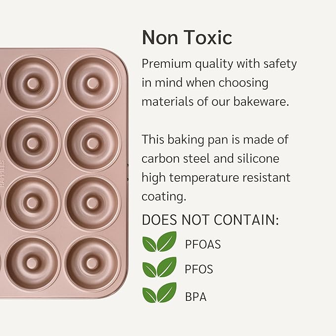 HAPPIELS 12 Well Donut Pan Nonstick, Non Toxic PFOA & BPA Free Donuts Mold for Baking, Doughnut Tin for Oven, Doughnuts Pans and Molds Non Stick Nontoxic, Baking Tray Pans & Trays without Teflon