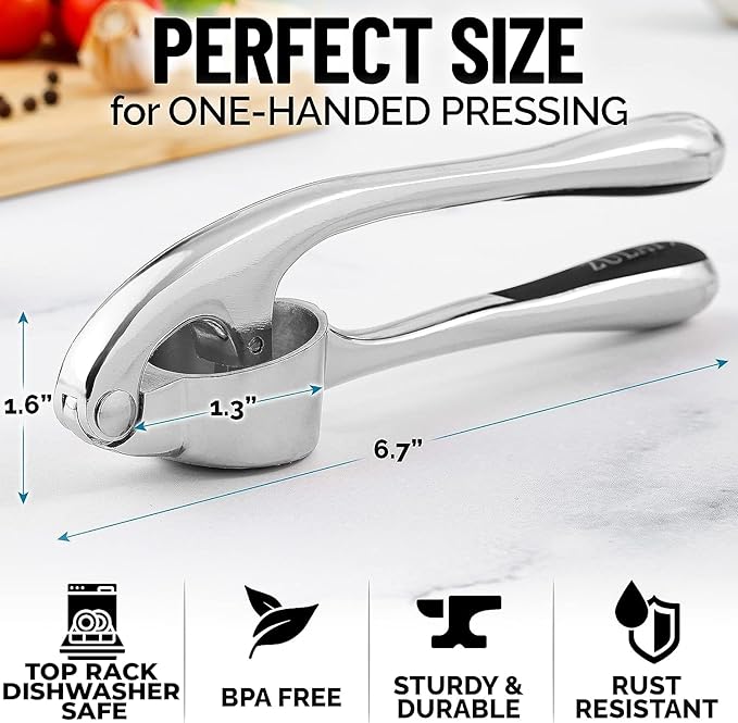 Zulay Kitchen Premium Garlic Press Set - Rust Proof & Dishwasher Safe Professional Garlic Mincer Tool - Easy-Squeeze, Easy-Clean with Soft, Ergonomic Handle - Silicone Garlic Peeler & Brush (Chrome)