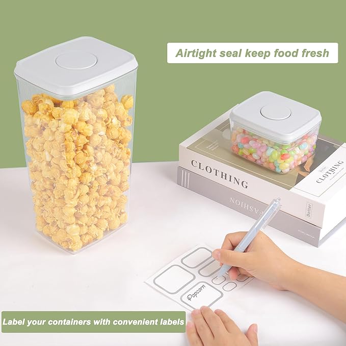 Airtight Food Storage Containers with Lids Airtight Pop Up Containers with Labels Pasta Organizer for Kitchen Pantry Cereal Snack Flour Sugar Coffee, 2700ml / 2.85qt