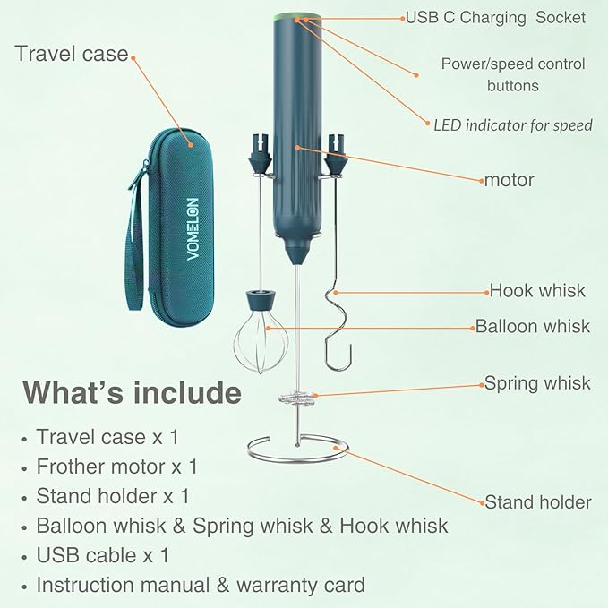 Milk Frother Handheld with 3 Stainless Steel Whisks, Rechargeable Electric Drink Mixer with Stand & Travel Case, Milk Foamer for Coffee, Latte, Cappuccino, Hot Chocolate, Egg,Jam Supplement-Green