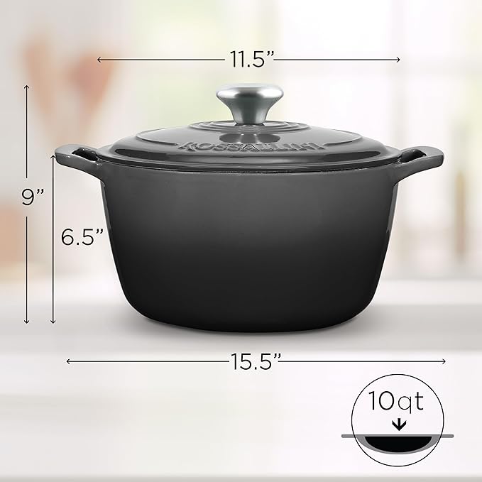 Signature Enameled Cast Iron Dutch Oven, Non-Stick Serving Pot with Tight Fitting Lid for Perfect Roasting, Baking, Sauteing, and Bread Making | 10Q (9.5L) - Oyster Grey