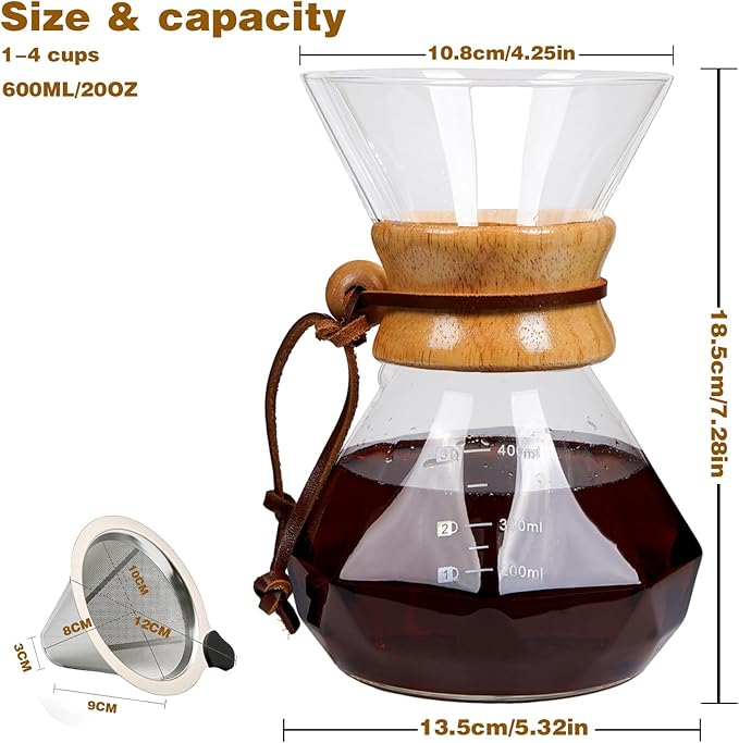 Pour Over Coffee Maker with Reusable Stainless Steel Drip Filter, Lead-Free Borosilicate Glass Coffee Carafe with Modern Wooden Collar for 1-4Cup, Diamond Clear (600ml/20oz)