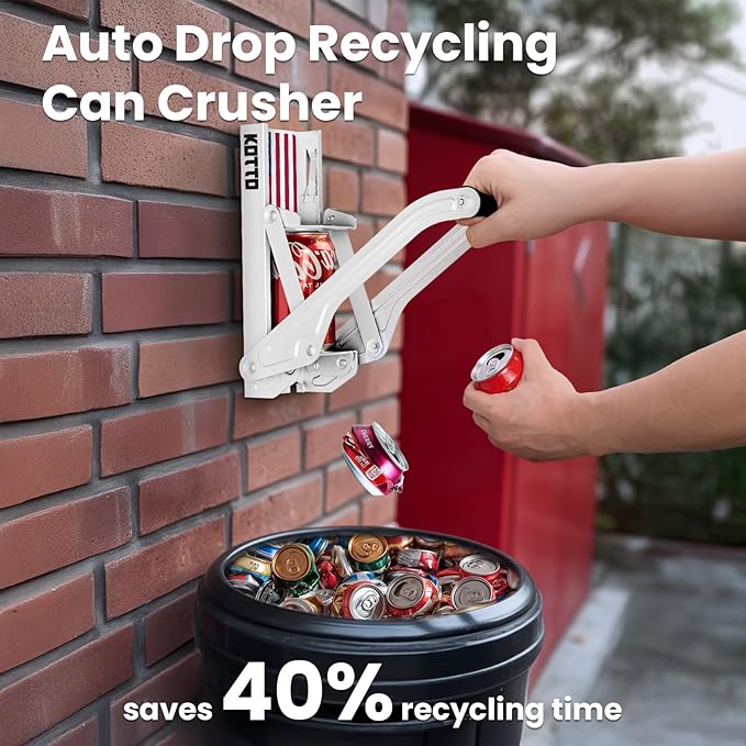 2025 New Auto-Eject Can Crusher with Trash Bag Organizer - Built-in Bottle Opener, Works for 8/12/16oz Cans, Wall-Mounted Recycling Tool (white-US flag)