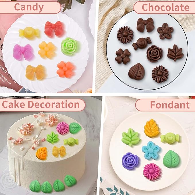 2 Pack Silicone Flower Candy Molds, Daisy Rose Tulip Floral Chocolate Molds with Flower Leaf & Bow Shapes for Baking, Soap, Jello, Ice Cubes, DIY Desserts and Crafts Making