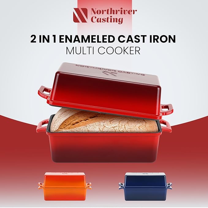 9x5 Inch Enameled Cast Iron Bread Loaf Pan with Lid, Perfect Sourdough Baking Pans | Even Heat Distribution for Homemade Bread, Cake, Meatloaf，2 Piece set，Red