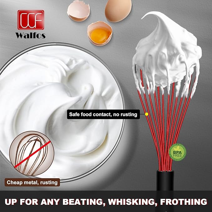 Walfos Whisk,Silicone Whisks- Heat Resistant（480°F） Silicone Whisks for Cooking Non Scratch,BPA free and Dishwasher Safe.Perfect for Blending,Whisking,Beating, Set of 3(Red)