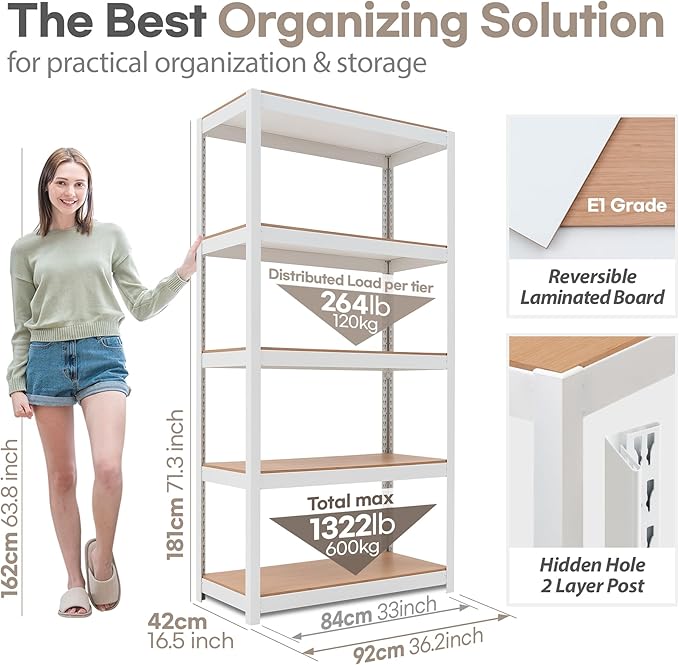HOMEDANT House 5-Tier Laminated Metal Shelving Unit Adjustable Storage Utility Rack Heavy Duty Shelves Organization Multipurpose Shelf Kitchen Garage Pantry Closet 1Pack