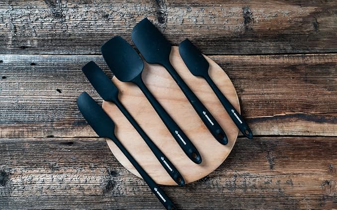 KITCHENLOVE Premium 600°F Heat Resistant 5 Piece Silicone Spatula Set for Baking, Cooking, Mixing - Non-Stick with High Grade S-Iron Steel Core - One Piece Seamless Design - BPA Free (Black)