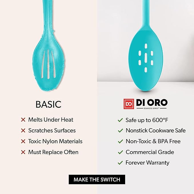 DI ORO Silicone Cooking Spoons - Large Mixing, Serving & Stirring - 600F Heat-Resistant Non-Stick - Big Solid & Slotted Basting Spoons - Dishwasher Safe (2pc, Teal)