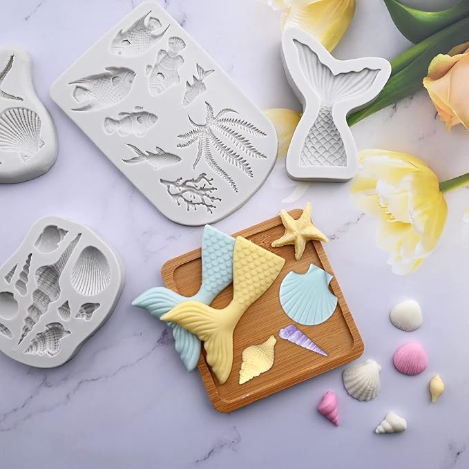Sakolla 4 Pcs Marine Theme Silicone Fondant Molds, Mermaid Tail Seashell Conch Starfish Shape Silicone Molds for Cake Decoration, Chocolate, clay, Crafting
