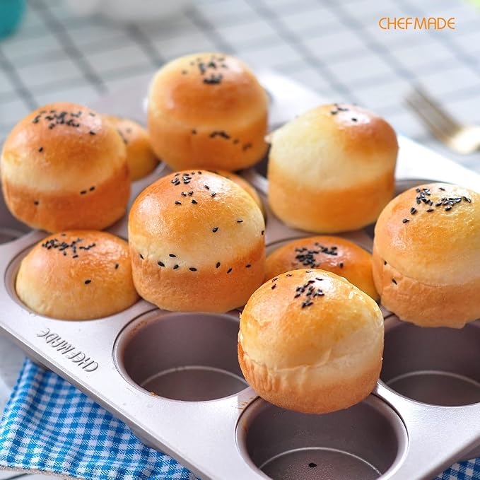 CHEFMADE Muffin Cake Pan, 12-Cavity Non-Stick Bristish Cupcake Pan Bakeware for Oven Baking (Champagne Gold)