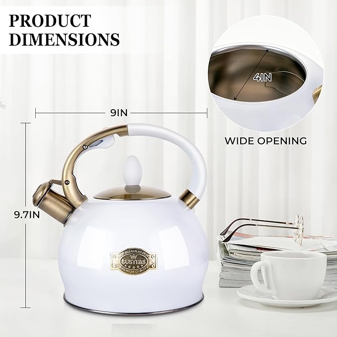 SUSTEAS Stove Top Whistling Tea Kettle - Food Grade Stainless Steel Teakettle Teapot with Cool Touch Ergonomic Handle, With 1 Silicone Pinch Mitt Included, 2.64 Quart(WHITE)