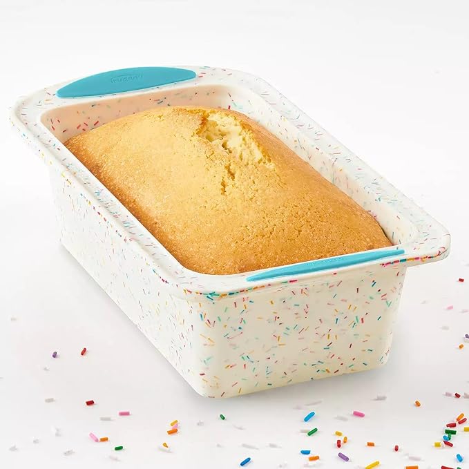 Trudeau Structure Silicone Loaf Pan with Steel Rim, 8.5 x 4.5, Nonstick Bakeware, White Confetti with Blue Base, BPA-Free, Oven Safe to 428°F, Dishwasher Safe