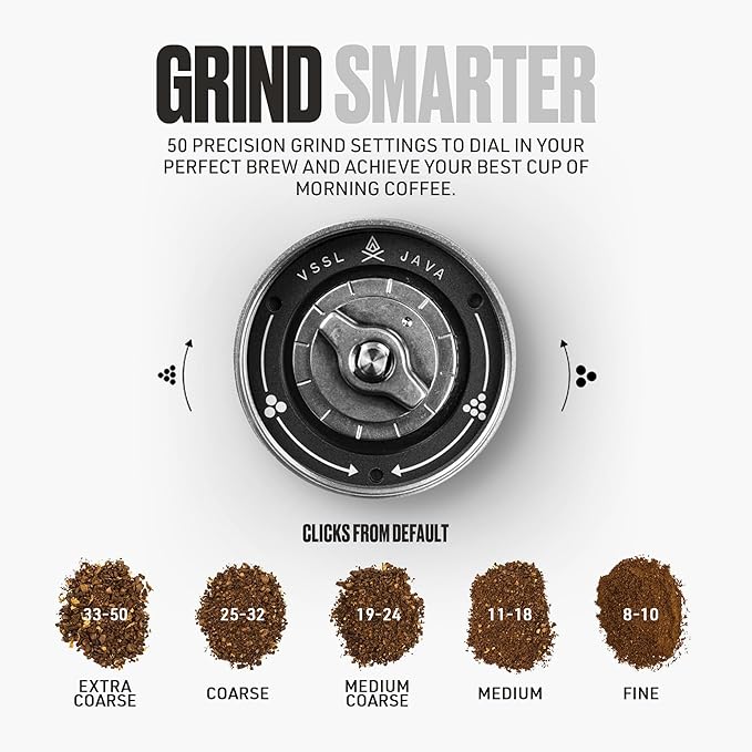 VSSL Java G45 Manual Coffee Grinder | Coffee for Camping | Bean Grinder | Travel Pour Over | Stainless Steel Conical Burr | ~ 45 Gram Capacity | Extendable Grind Handle | 50 Grind Settings | Black