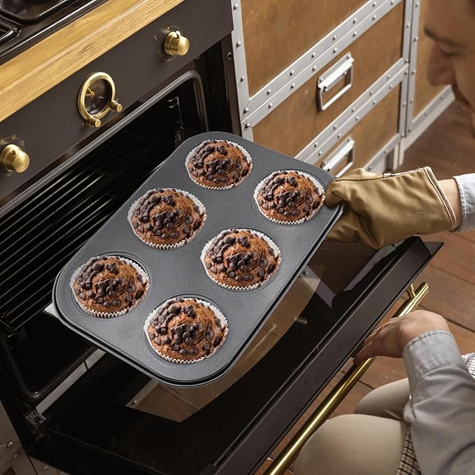 2 Packs Round Muffin Baking Pan, Premium Steel Muffin Pan for Baking, Cupcake Tin Cheesecake Pans, Bakeware Muffin Top Pan (6 Cups,Black)
