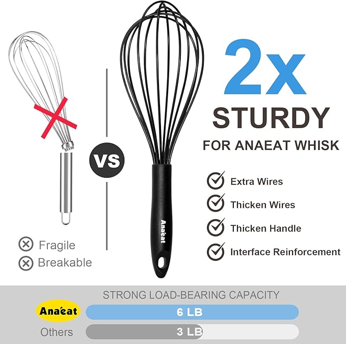 Anaeat Silicone Kitchen Whisk Set of 4, Perfect for Non-Stick Cookware, Egg Beater Milk Blender for Whisking, Cooking, Baking, Beating - 11'' Flat Whisk and 8.5''+10.5''+12'' Balloon Whisks (Black)